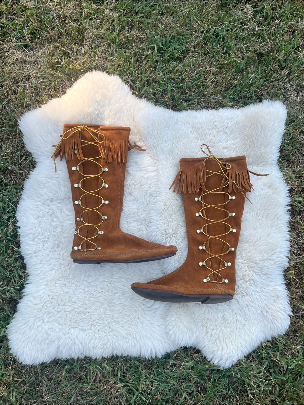 Minnetonka Chestnut Suede Fringe Lace-Up Tall Boots